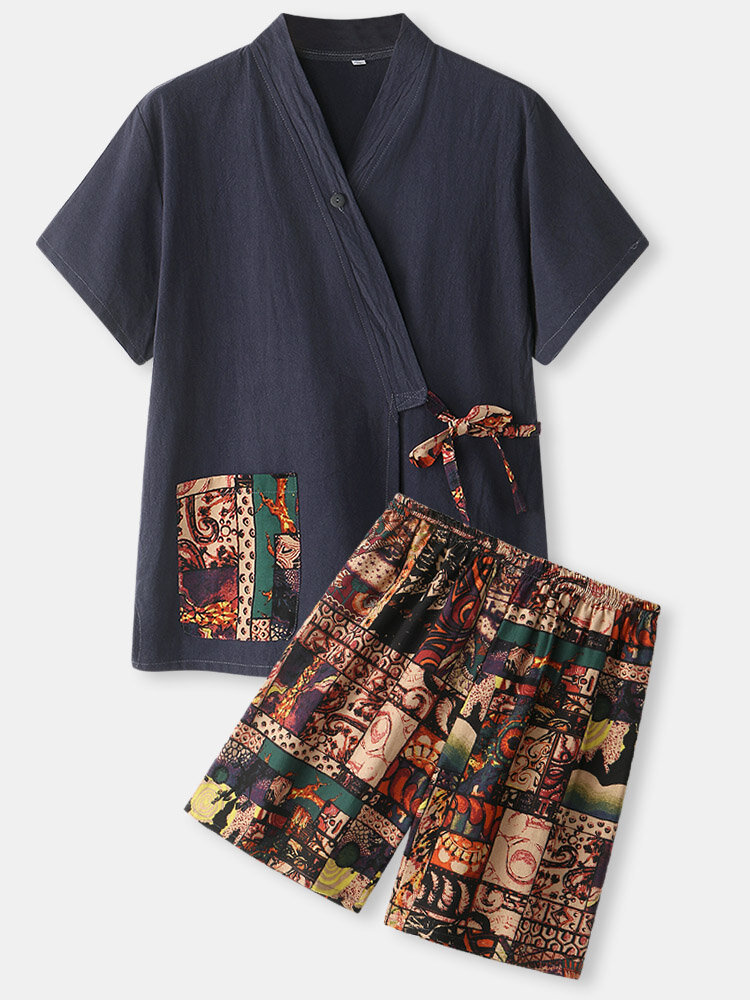 

Plus Size Women Printing Button Collar Kimono Cotton Cozy Sauna Loungewear, Navy