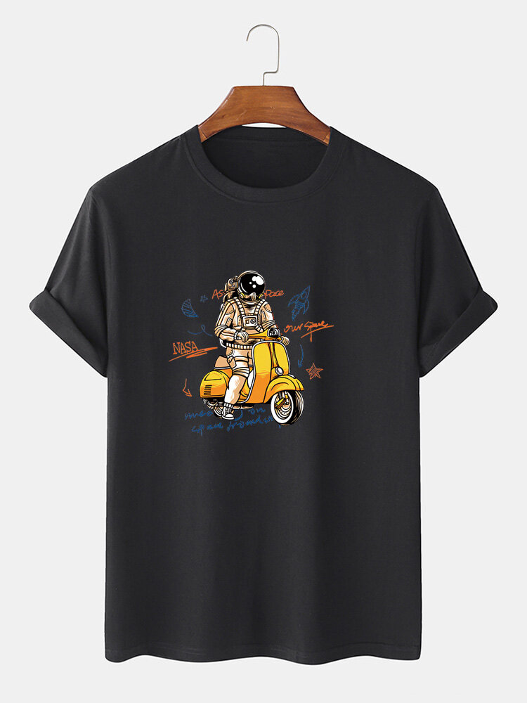 Mens 100% Cotton Cartoon Astronaut Print Thin O-Neck T-Shirts