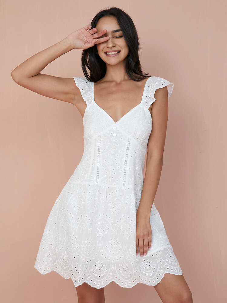 Solid Eyelet Embroidery Cap Sleeve Button V-neck Dress