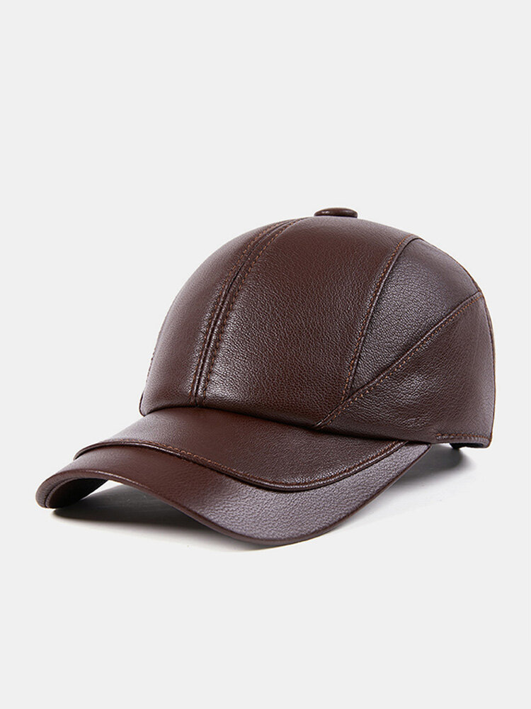 Men Sheep Leather Solid Color Patchwork Stitch Casual Windproof Waterproof Baseball Cap