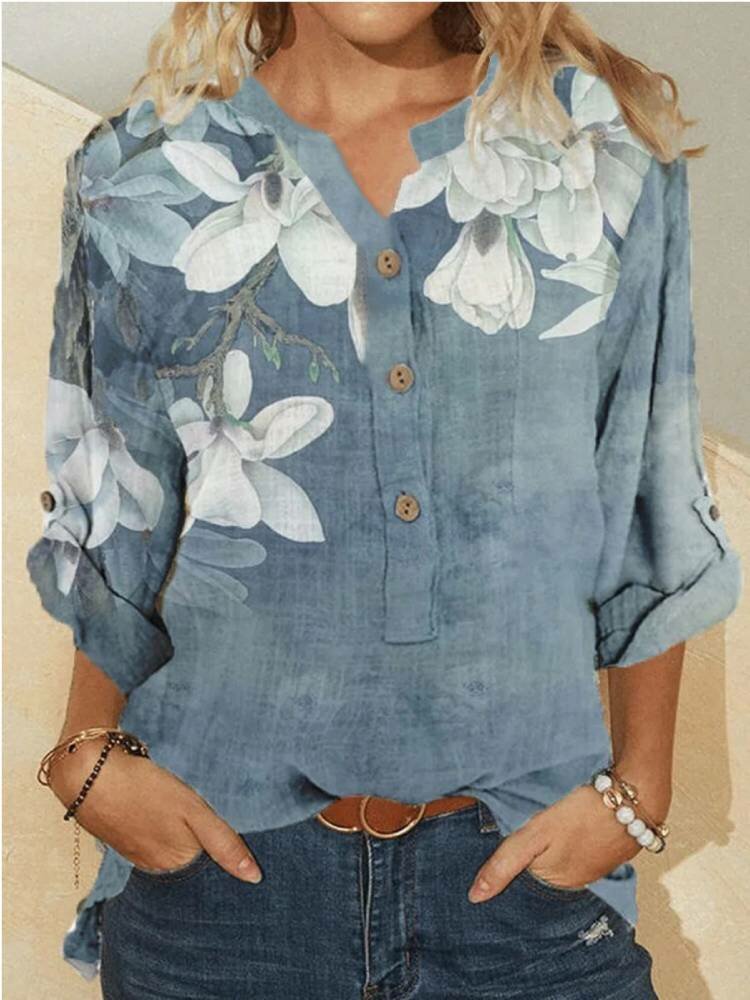 Flower Print Long Sleeve Button Stand Collar Women Blouse