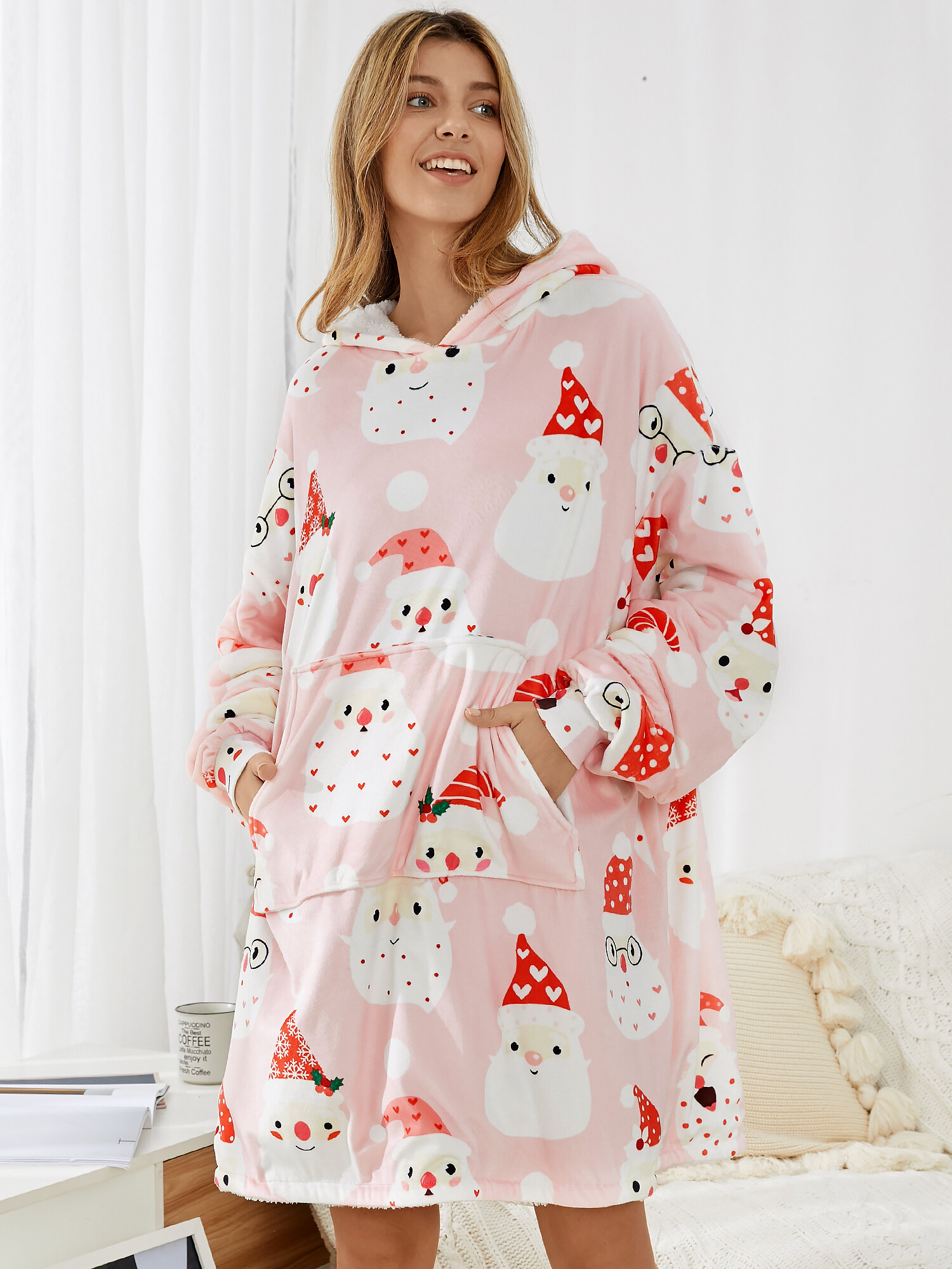 Women Christmas Snowman Print Sherpa Oversized Blanket Hoodie Thickened Double Plush Robe With Front Large Pocket