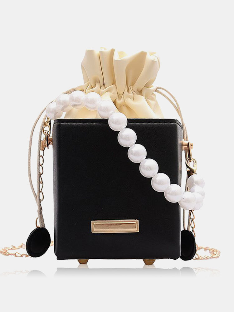 Women PU Leather Chain Pearls Crossbody Bag Drawstring Bag Square Bag Coin Bag
