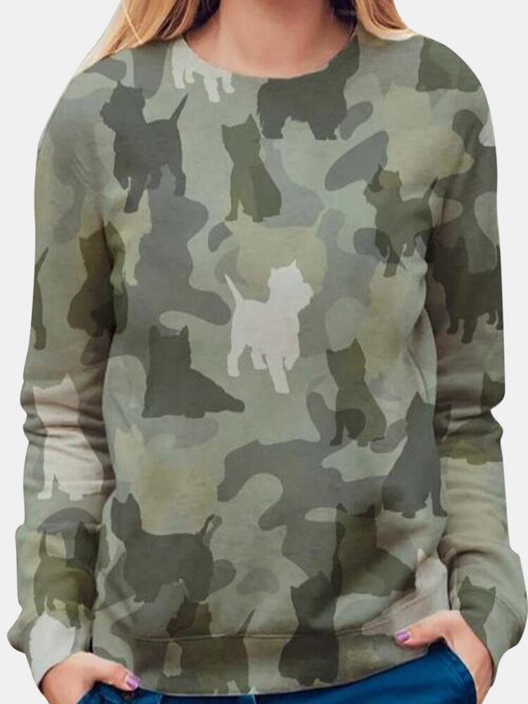 Camouflage Cat Print Long Sleeve O-neck Casual T-shirt For Women