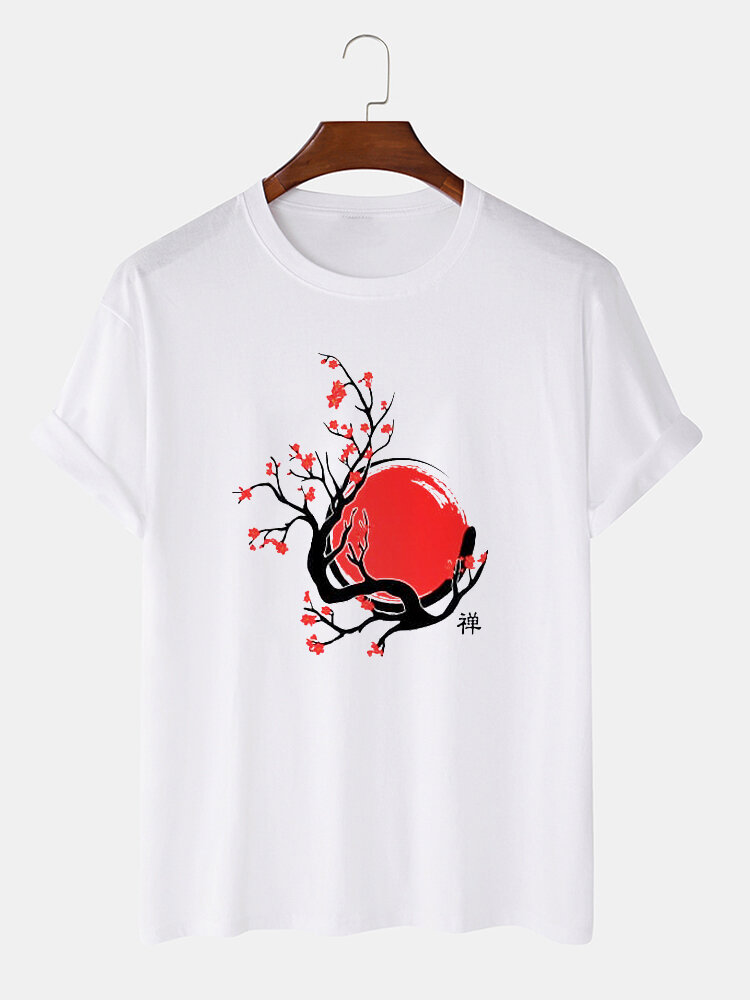 

Mens Floral Red Sun Print Japanese Style Short Sleeve T-Shirts Winter, Khaki;white;black