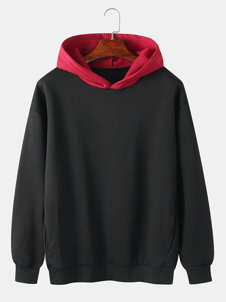 Mens Brief Style  Contrast Color Basic Casual Pullover Loose Hoodie