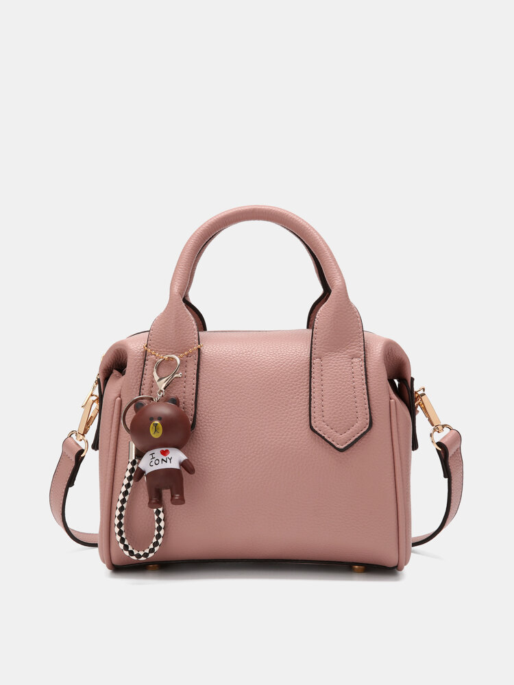Women Faux Leather Fashion Large Capacity Bear Ornament Solid Color Crossbody Bag Handbag