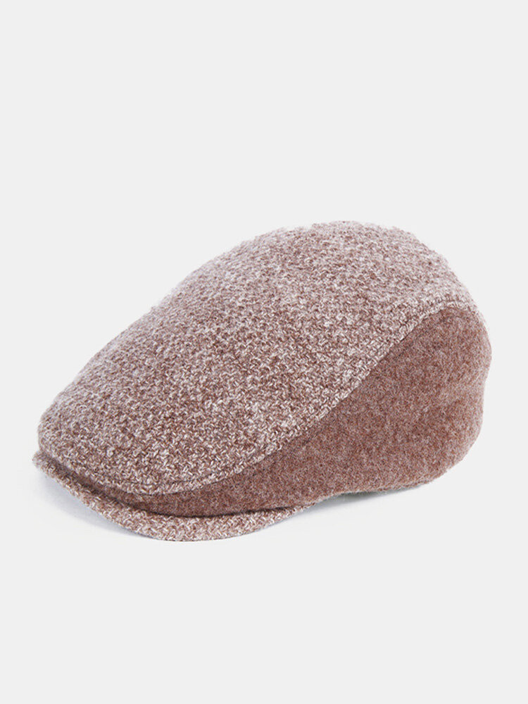Men Wool Solid Color Built-in Ear Protection Thicken Warmth Windproof Beret Flat Cap