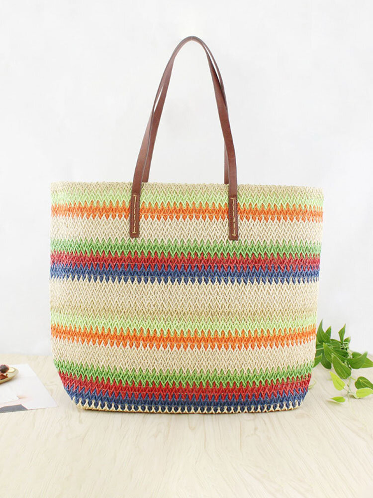 Women Straw Sweet Contrast Color Handbag Large Capacity Beach Fashion Bag