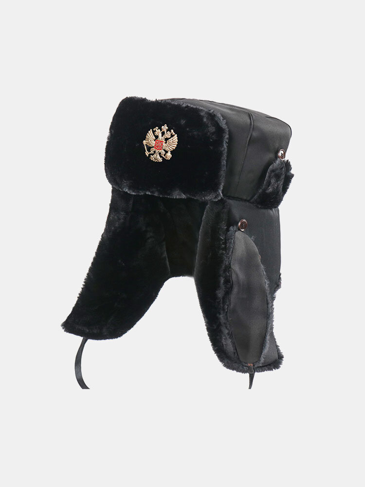 Men Dacron Plush Thicken Soviet Metal Badge Outdoor Coldproof Ear Protection Warmth Trapper Hat