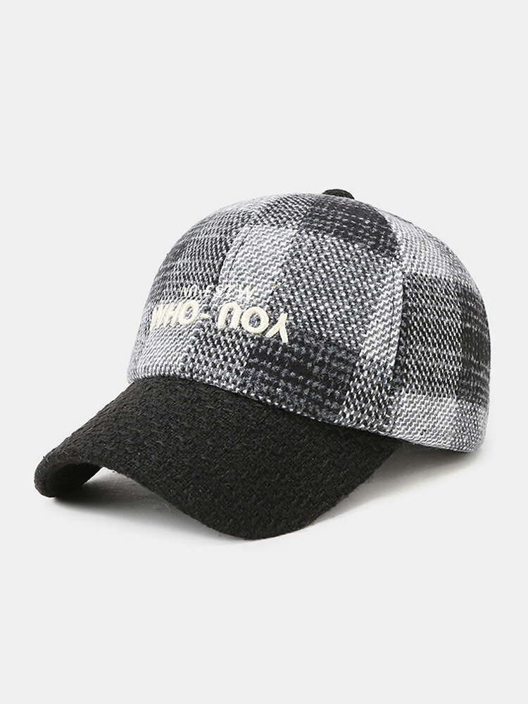 Men Woolen Cloth Letters Embroidery Color-match Lattice Stitching Solid Color Brim British Windproof Warmth Baseball Cap