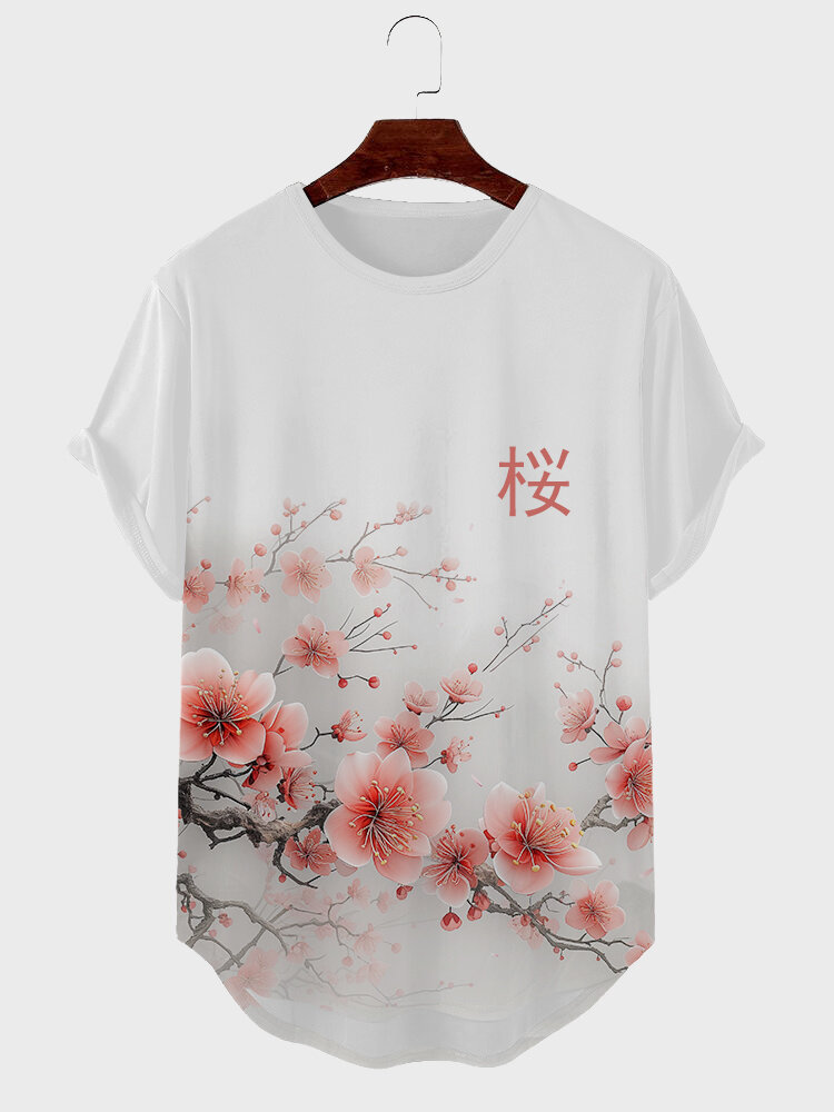 

Mens Japanese Cherry Blossoms Ombre Print Curved Hem Short Sleeve T-Shirts, White
