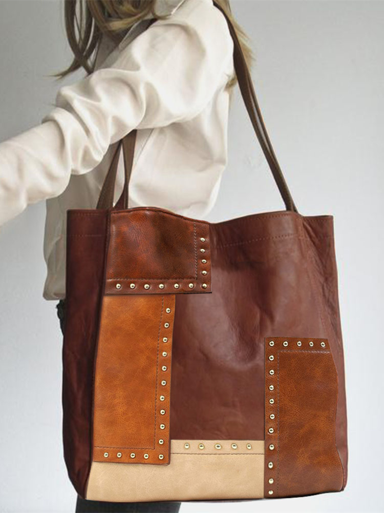 Faux Leather Waterproof Handbag Vintage Rivet Color Block Large Capacity Shoulder Bag Tote