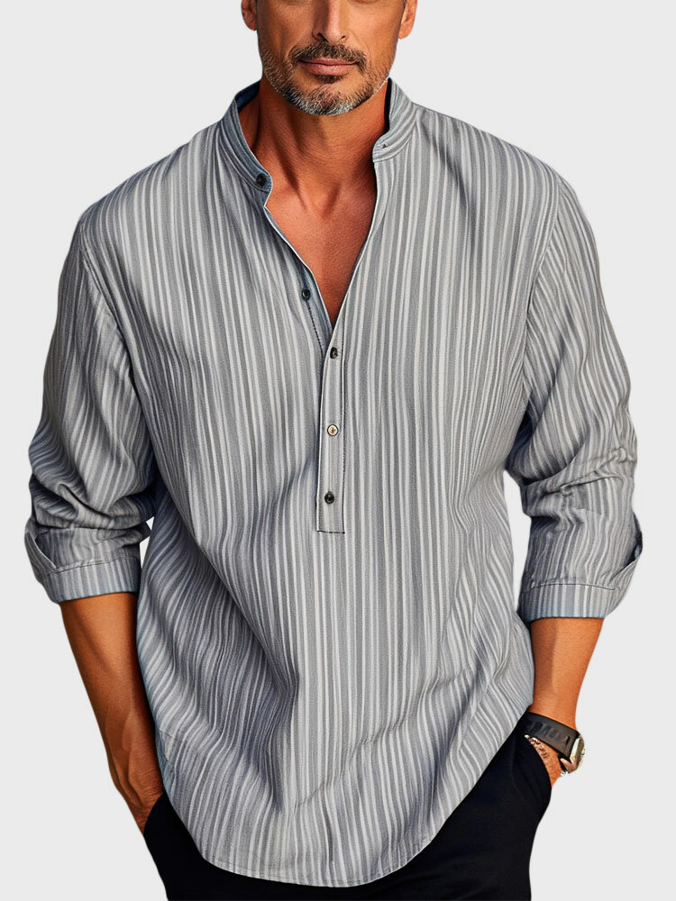 Camisas masculinas listradas com gola alta e meio botão manga comprida Henley