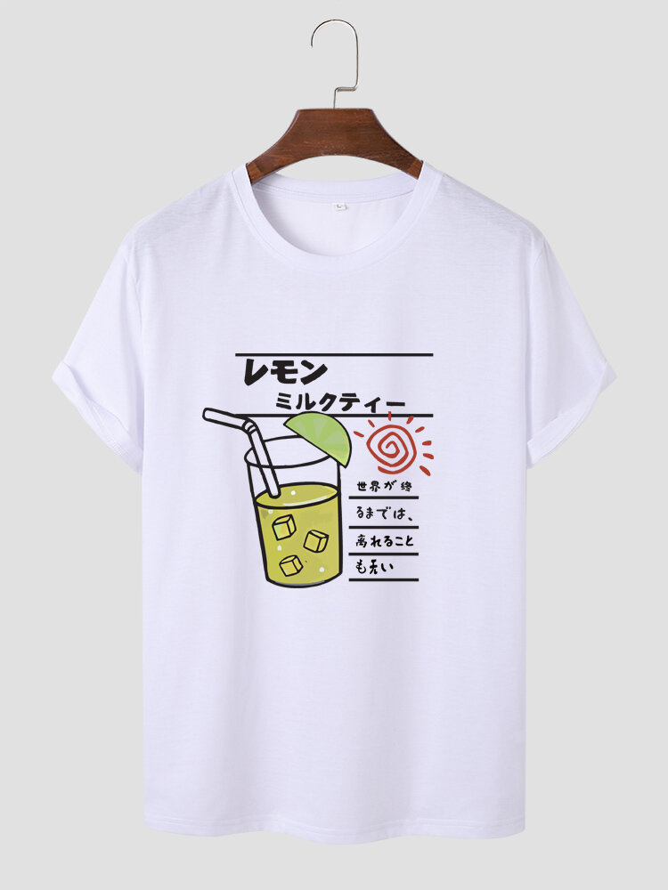 Mens Japanese Style Drink Print Crew Neck Short Sleeve T-Shirts