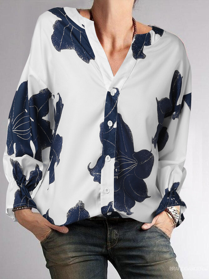Women Floral Print V-Neck Button Front 3/4 Sleeve Shirt
