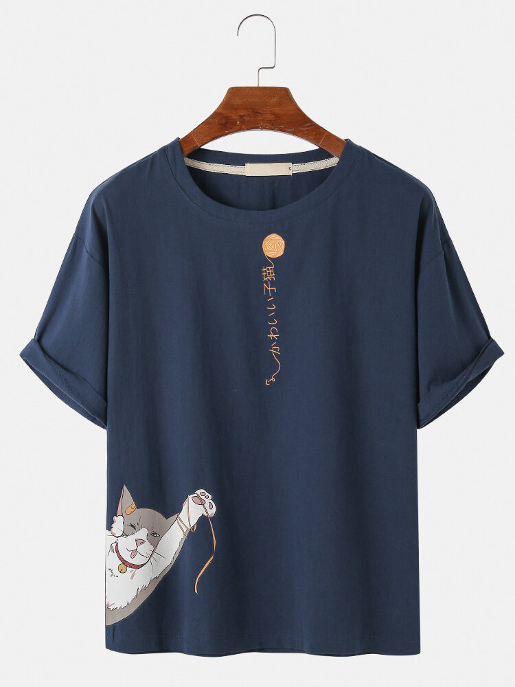 Mens Cotton Cartoon Cat & Japanese Print Solid Loose Light O-Neck T-Shirts