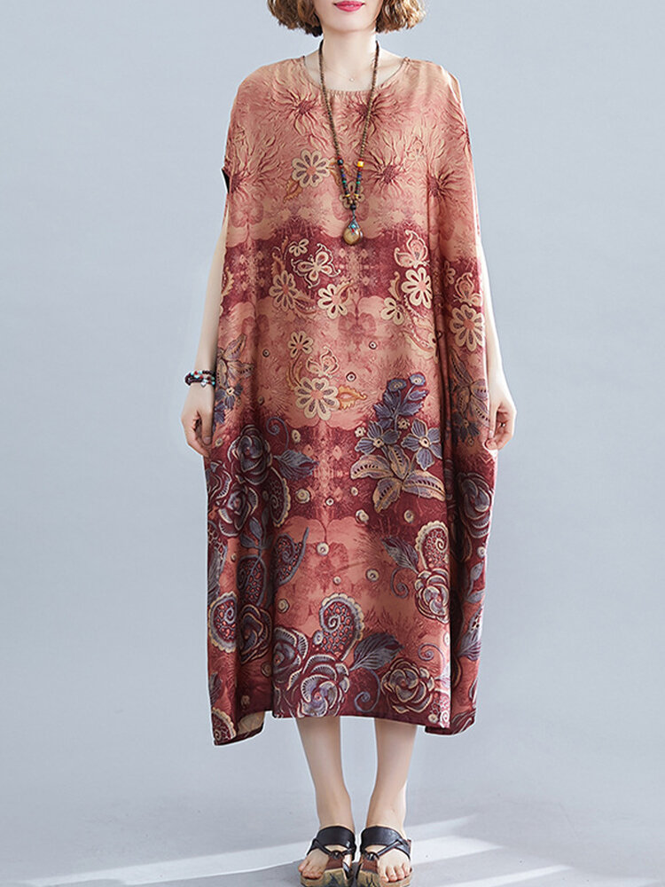 Floral Print Batting Sleeve Loose Vintage Maxi Dress For Women