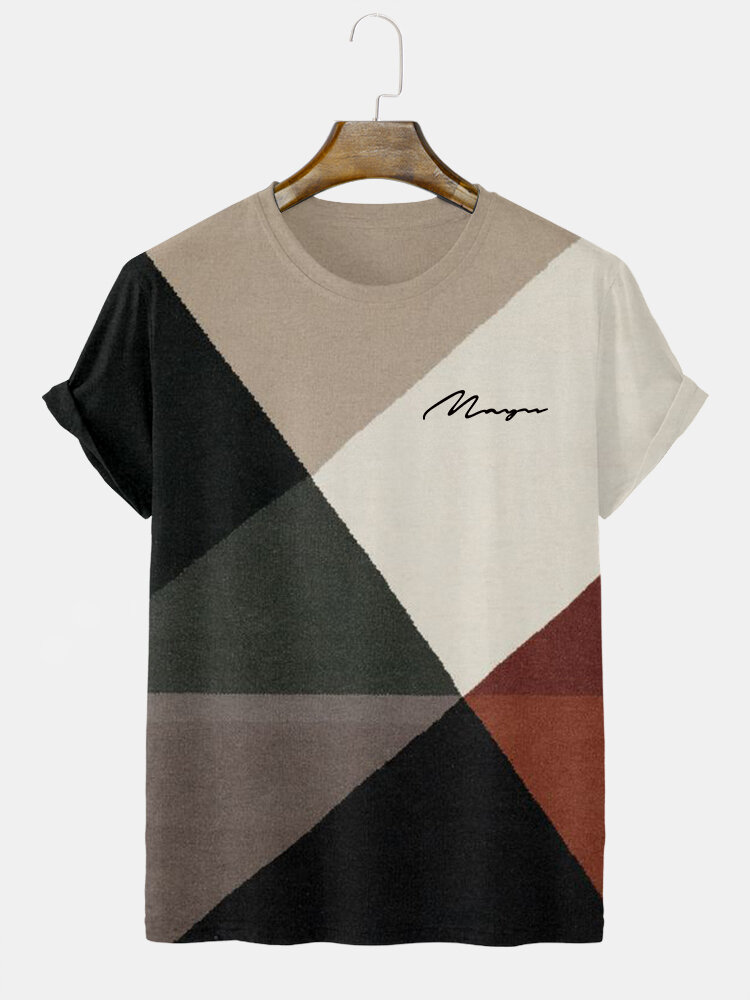 

Mens Color Block Patchwork Script Print Casual Short Sleeve T-Shirts Winter, Brown