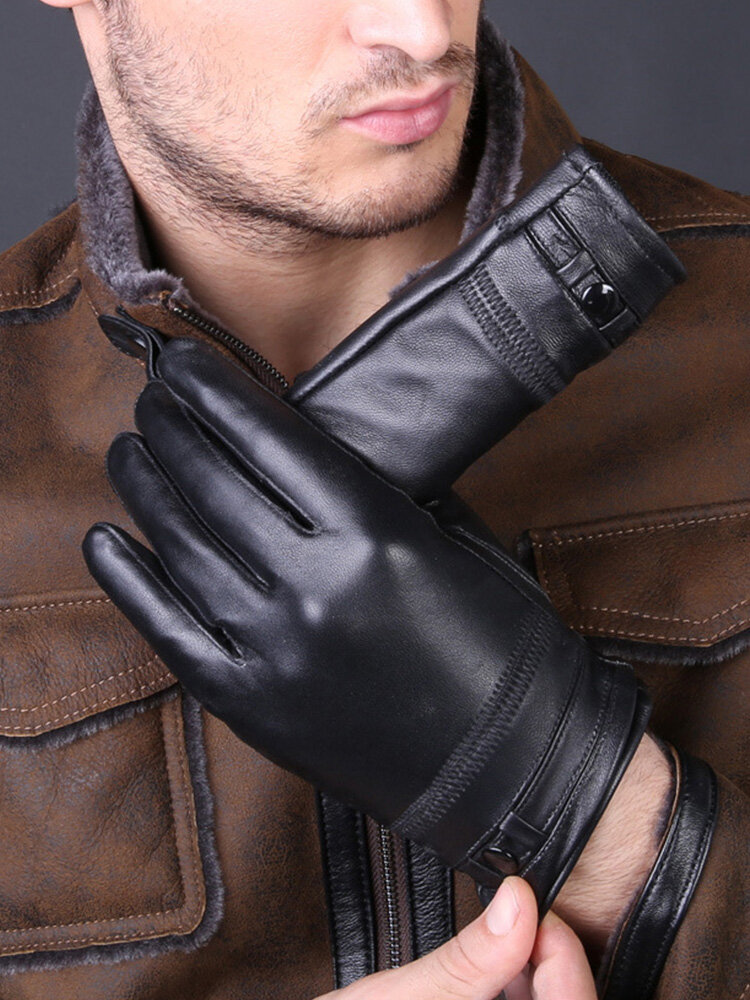 Men Sheepskin Solid Plus Velvet Full-finger Warmth Outdoor Windproof Cold-proof Riding Driving Gloves