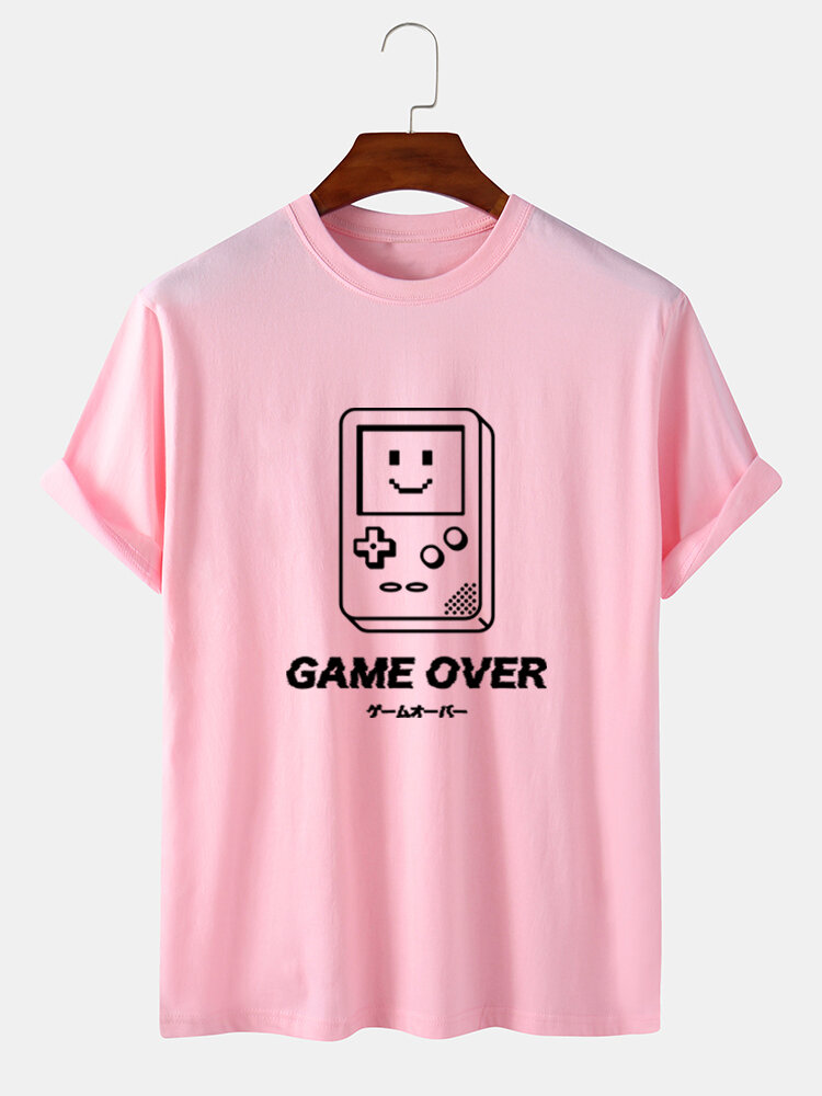 Mens Game Console Letter Print Casual Cotton Short Sleeve T-Shirts