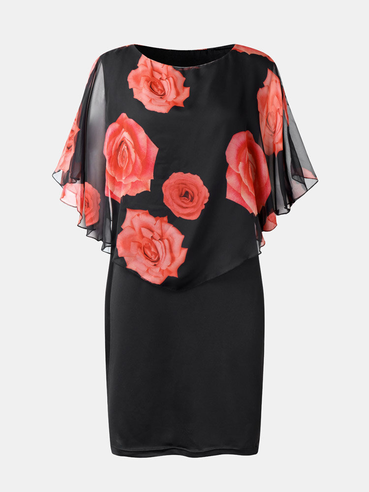 Rose Print Chiffon Cape Patchwork Plus Size Buttocks Dress