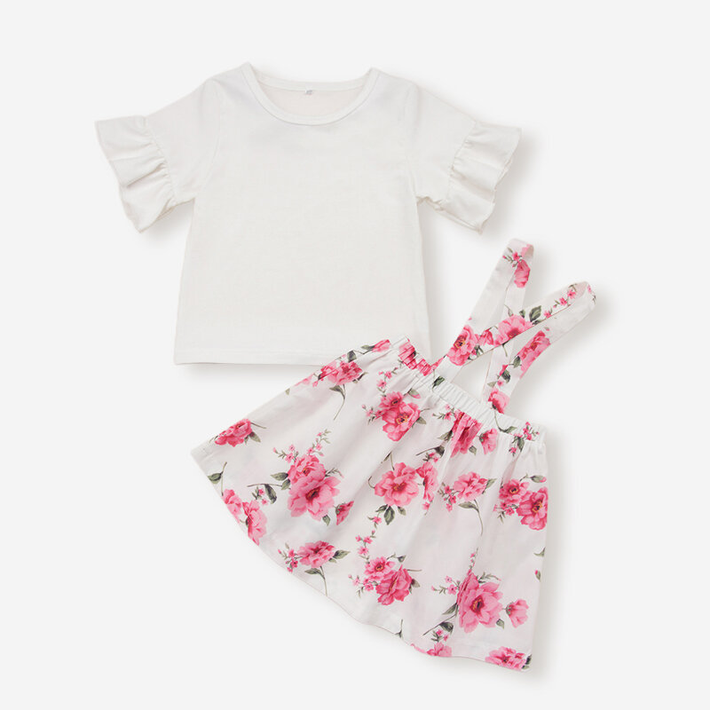 Girl's Casual White Tops+Floral Print Jumper Dress Set For 1-5Y