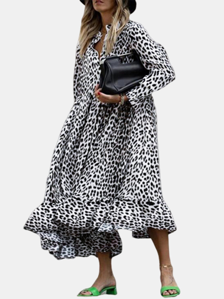 Leopard Print Ruffle A-line Plus Size Shirt Dress