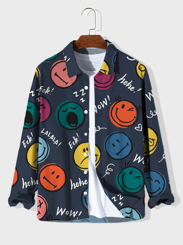 Mens Allover Colorful Smile Print Lapel Long Sleeve Shirts Winter