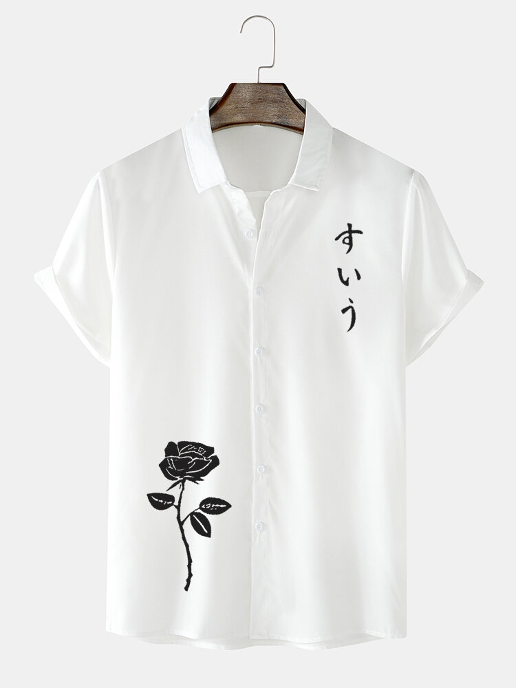 Mens Rose Japanese Print Button Up Daily Short Sleeve Shirts