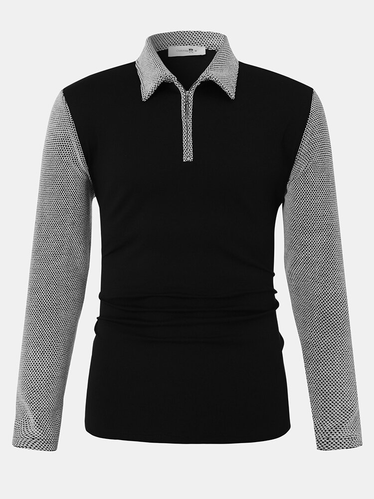 Mens Two Tone Patchwork Zip Texture Casual Long Sleeve Golf Shirts