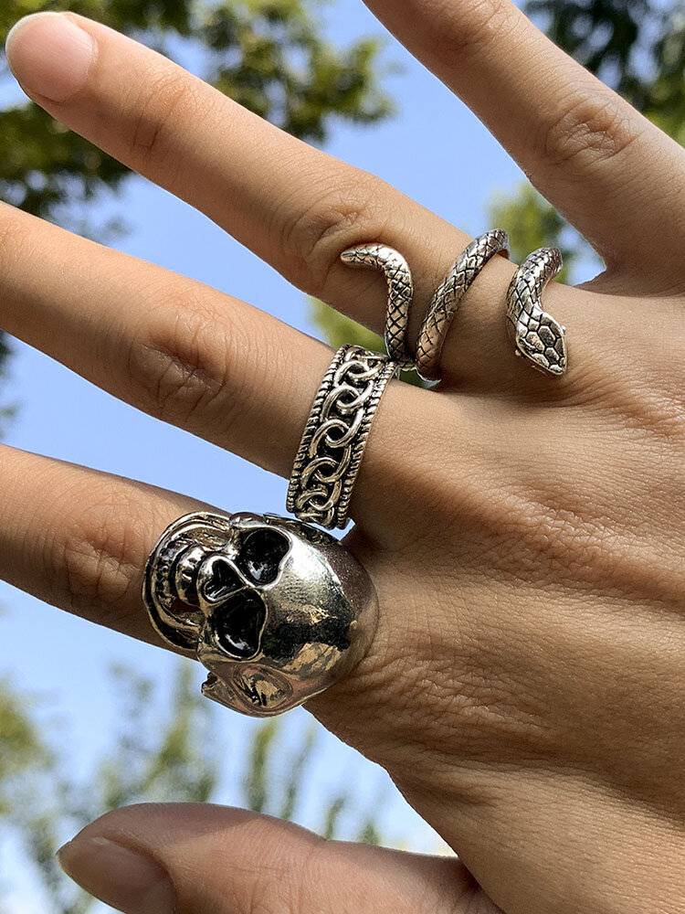 3 Pcs Vintage Crafted Alloy Punk Skull Python Rings