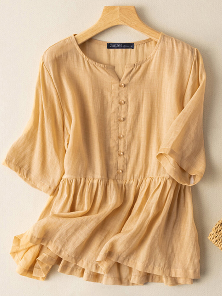Cotton Solid Button Ruched Ruffle Short Sleeve Blouse