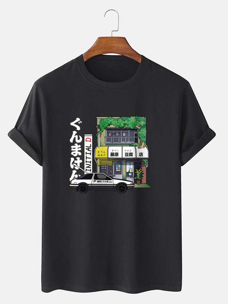 Mens Japanese Store Print Crew Neck Cotton Short Sleeve T-Shirts