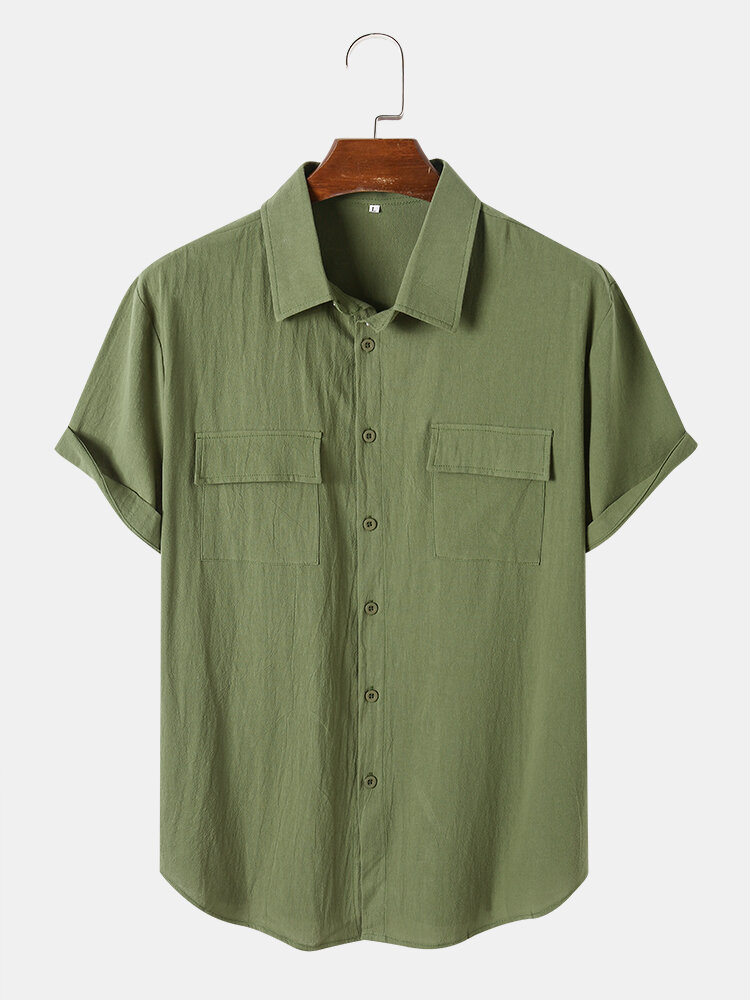 Mens Double Flap Pocket Plain Color Short Sleeve Shirts
