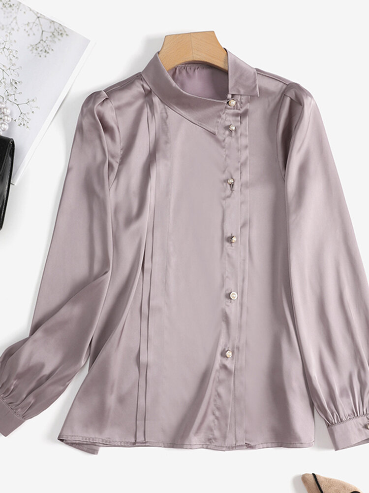 Solid Satin Pleated Button Front Long Sleeve Lapel Blouse