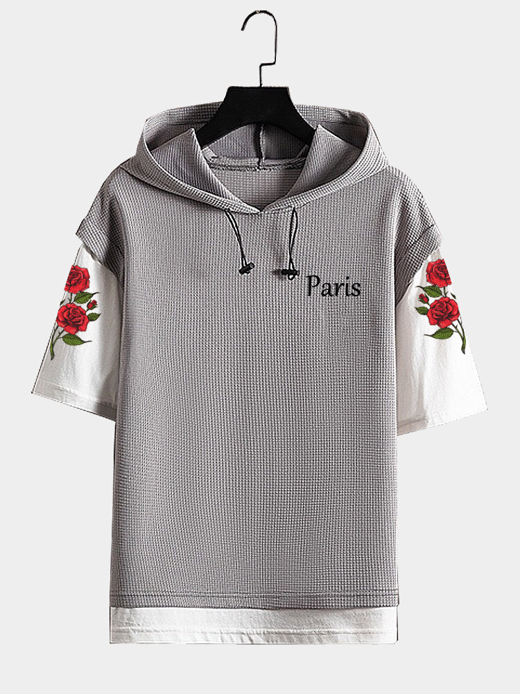 Mens Rose Print Stitching Texture Short Sleeve Drawcord Hooded T-Shirts