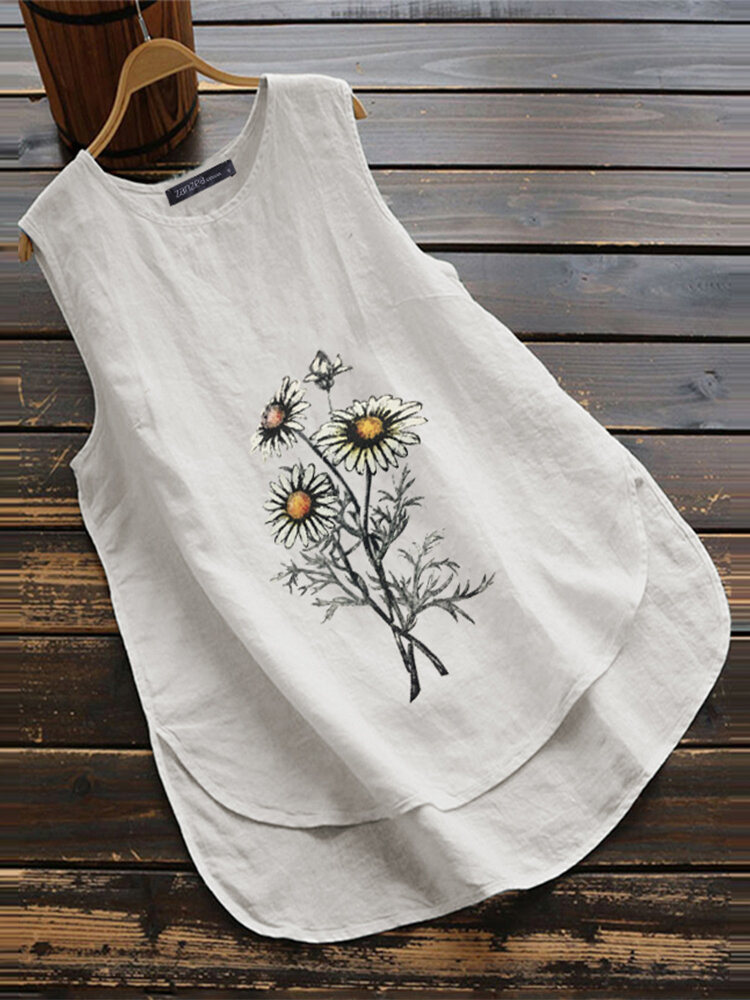 

Embroidery Sunflowers O-neck Asymmetrical Plus Size Tank Top, White;khaki;light blue