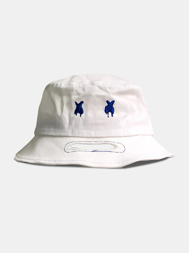 Unisex Cotton Hat Brim Opening Broken Hole Cartoon Pattern Embroidery Fashion Sunshade Bucket Hat