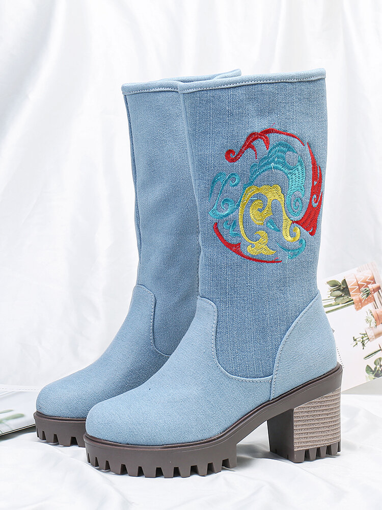 Women Casual Solid Color Paisley Pattern Chunky Heel Mid-Calf Boots