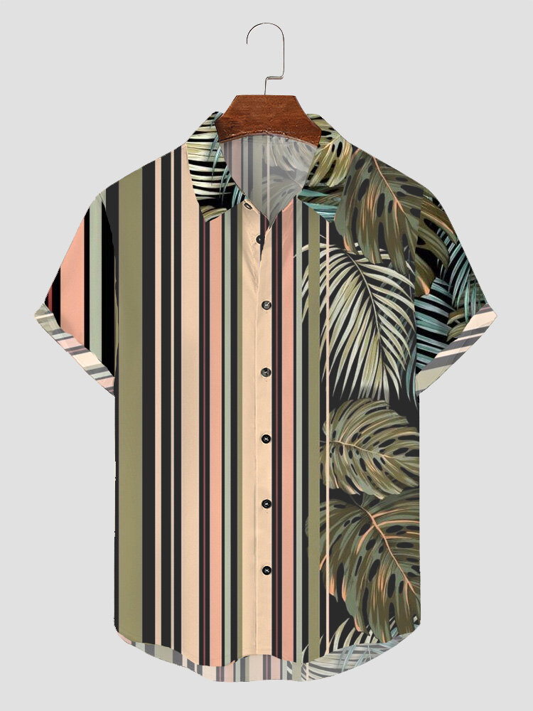 

Mens Striped Tropical Leaf Print Patchwork Short Sleeve Shirts Winter, Green