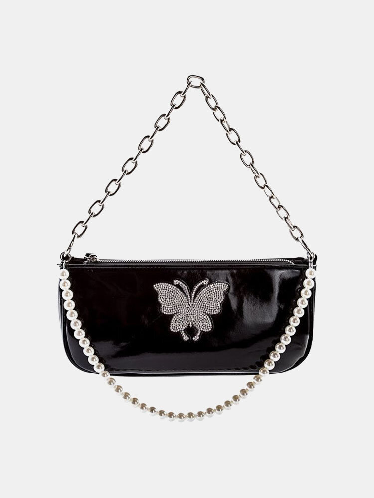 Women Chain Pearls Rhinestone Butterflies Handbag Shoulder Bag