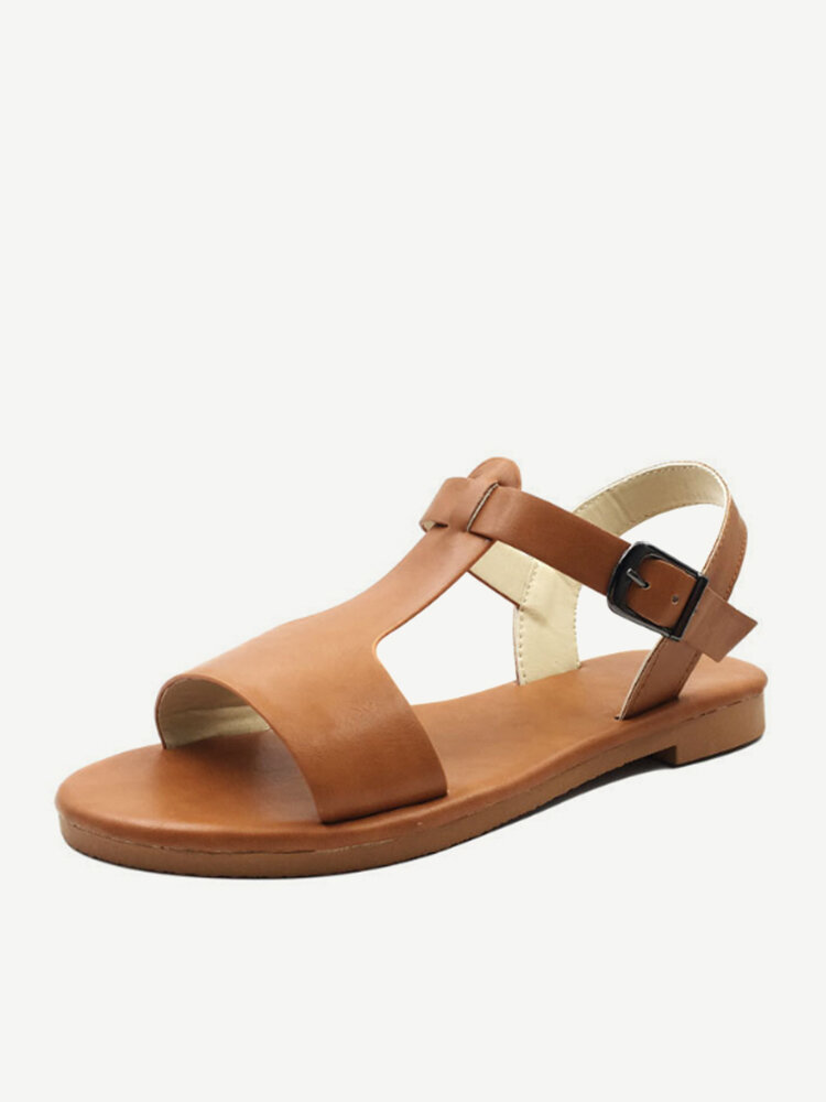 Large Size Women Casual Peep Toe Buckle Solid Color Flat Sandals