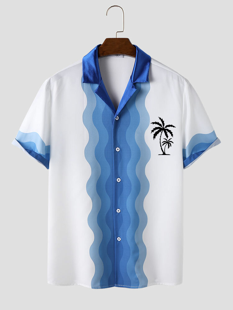 Camisas masculinas Coco árvore listrada estampada gola revere manga curta