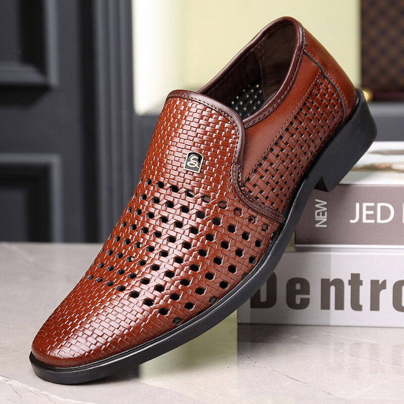 Men Microfiber Leather Non Slip Hole Breathable Business Casual Formal Shoes