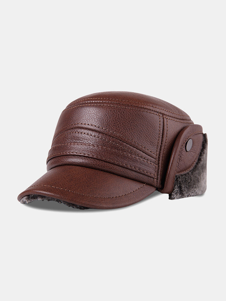 Mens Vintage Casual Comfortable Winter Thick Warm Leather Plush Flat Hat Outdoor Protect Ear Cap 