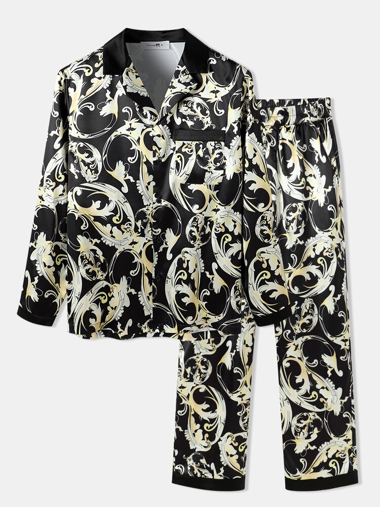 Men Smooth Faux Silk Boroque Jumping Baroque Printed Chest Pocket Pajama Sets