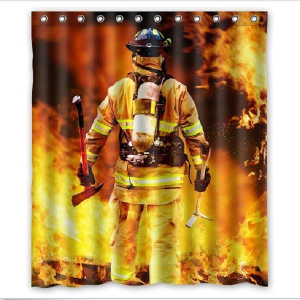 Bathroom Shower Curtain Firefighter And Fire Pattern Waterproof Shower Curtain With 12 Hooks