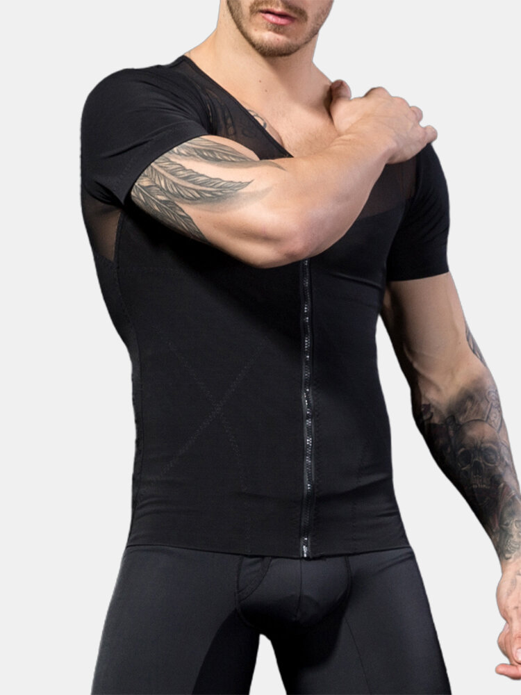 

Plain Breathable Skinny Sports Bodybuilding Shapewear Short Sleeve Abdomen Control Zipper Undershirts, Black;white