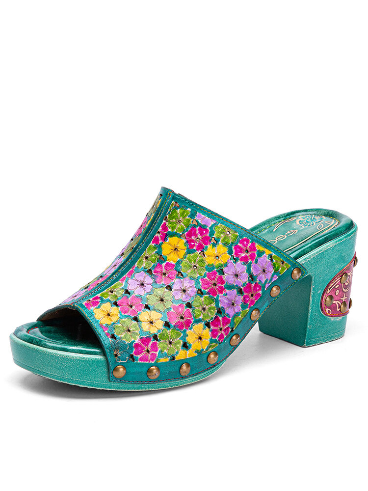 Socofy Leather And Vintage BohoPrint Floral Comfortable Platform High-heel Sandals